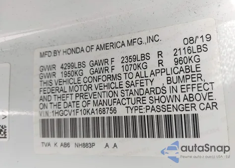 2019 Honda Accord Lx from USA, damaged, VIN 1HGCV1F10KA168756